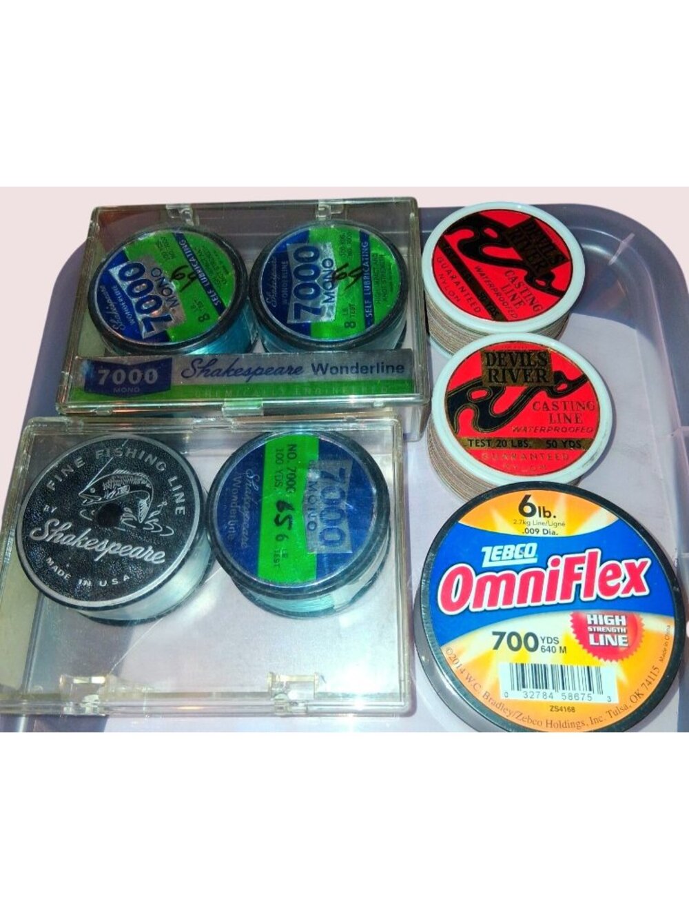 Assorted Fishing Lines: Shakespeare 7000 Mono 6lb Zebco OmniFlex 6lb 700yds Devi